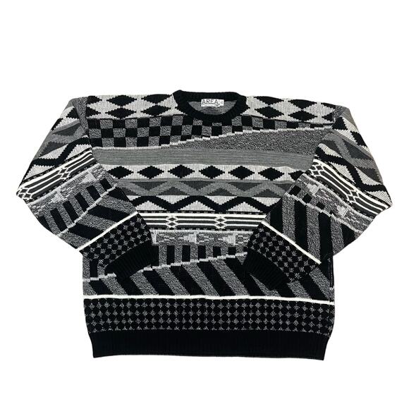 Vintage Area by Tag Knit Grandpa Sweater Retro Geometric Black White USA Size 1X - Picture 1 of 8